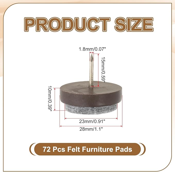 PATIKIL 28 mm Nail-on Felt Pads, 72 Pcs Round Felt Furniture Sliders Pads Heavy Duty Floor Protectors for Wooden Chair Sofa Cabinet Table Leg Feet Hardwood Floors, Brown - Image 2