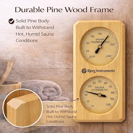 Sauna Thermometer and Hygrometer - 2-in-1 Indoor Analog Temperature & Humidity Gauge with Pine Wood Frame, for Sauna Rooms - 3.5" Dial Wall-Mounted Meter (0–100% RH, Up to 248°F) - Image 6