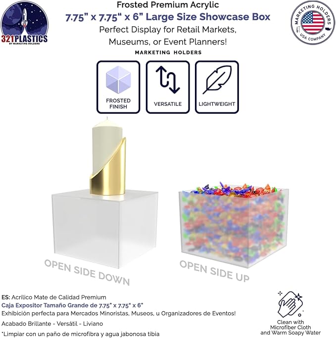 Acrylic Display Box Counter Retail Merchandise Storage Bin No Lid with Open Bottom 7.75" x 7.75" x 6" Flippable Frosted Cubby for Tradeshows and Expos by Marketing Holders - Image 3