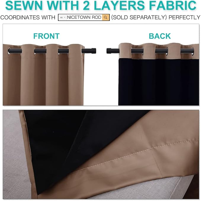 NICETOWN Cold Blocking Curtains, 100% Blackout Curtains Thermal, Noise Reduction and Privacy Curtains for Patio Door, Black Lined Blackout Drapes with Grommet Top, Cappuccino, 1 Pair, W52 x L84 - Image 5
