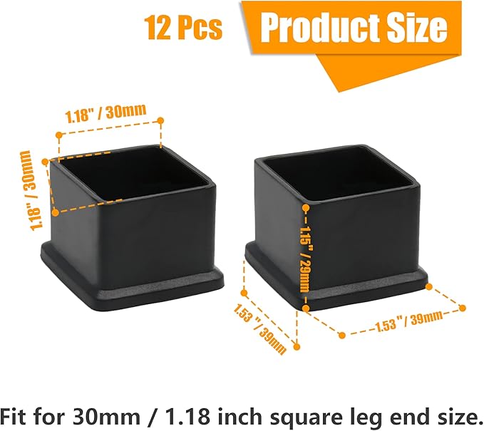 12PCS Square Chair Leg Caps 1-3/16" x 1-3/16" Square Rubber Covers Black Furniture Foot Table Chair Leg End Cap, Anti-Slip Chair Leg Floor Protectors, Black - Image 2