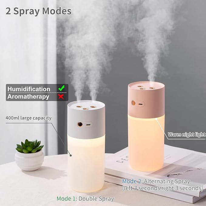 HODEMI Portable Small Humidifier - Cold Mist Humidifiers with Water Shortage Protection, Warm Night Light, Recharge Dual Nozzle Mini Humidifier for Bedroom, Plants, Office, and Car (Pink) - Image 3