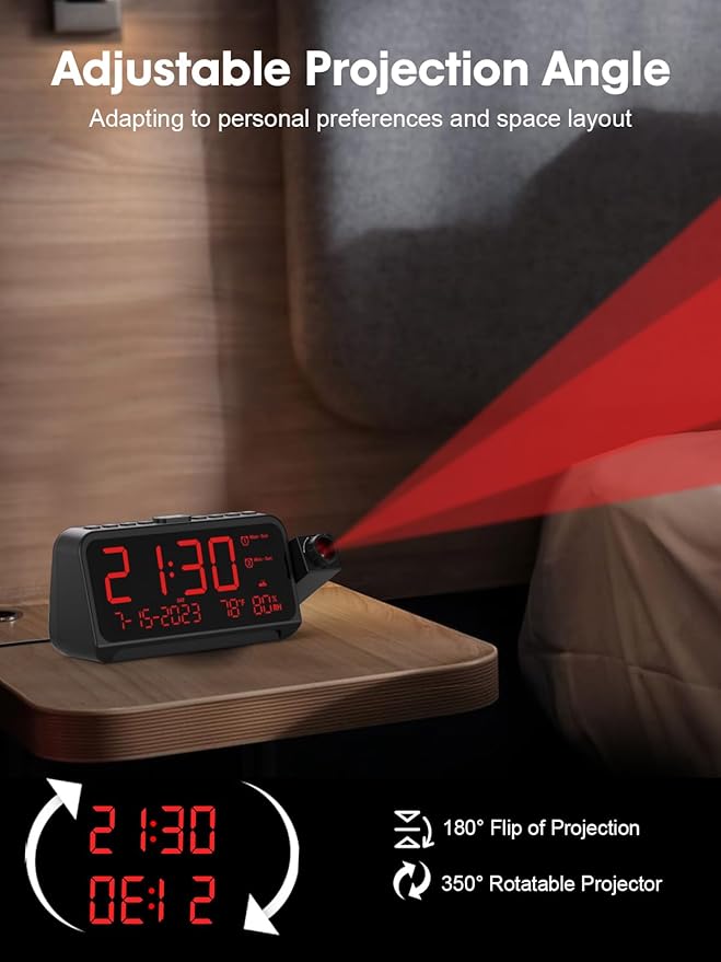 ROCAM Projection Clock for Bedroom, Digital Clock with 180° Projector on Ceiling with 5-Level Dimmer, Dual Loud Alarm Clock with Weekend/Weekday Mode, Date, Temp, Humidity, Night Light, Snooze - Image 4