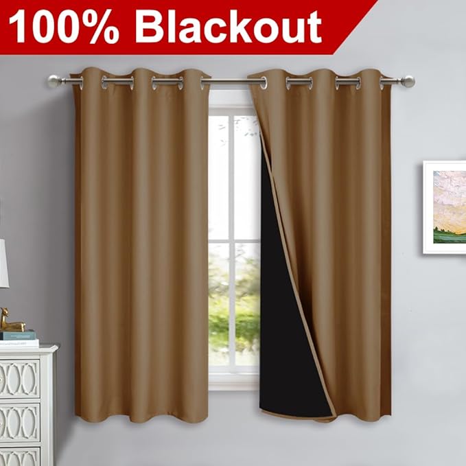 NICETOWN 100% Blackout Curtains 54 inches Long, Gold Brown, 1 Pair, 42 inches Width Each Panel, Double-Deck Completely Blackout Window Treatment Thermal Insulated Lined Drapes for Small Window - Image 2
