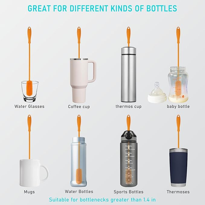 15.7" Silicone Bottle Brush, ddLUCK Water Bottle Cleaner Brush for Stanley, Hydroflasks, Glass, Thermos Sports Bottle, Vase and Glassware, Bottle Brush Cleaner for Narrow Neck Containers (Orange) - Image 2