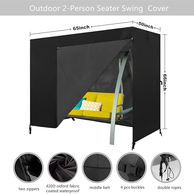 2 Seater Patio Swing Cover Outdoor Swing Chair Cover Hammock Glider Cover Durable Waterproof Dustproof Windproof All Weather Protector Black - Image 2