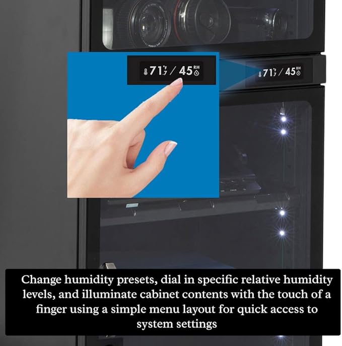 180LT Electronic Dry Cabinet for Camera, Lens & Electronics – Silent Dehumidifying Storage, Touchscreen, Dual Zone Humidity Control (60-35% RH), 5 Adjustable Shelves, LED Light, Lock - Image 7