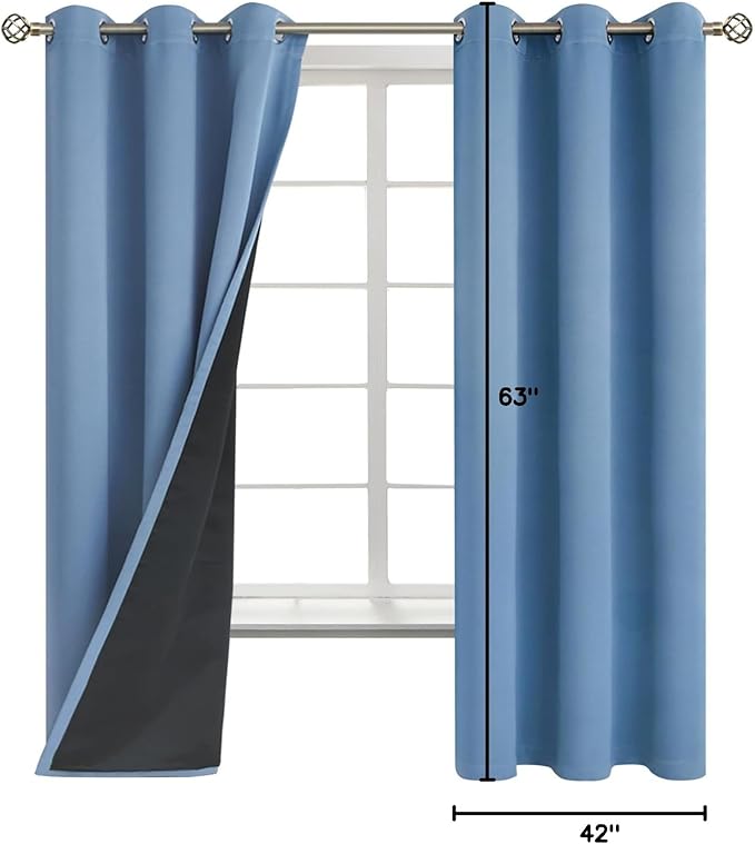 BGment Thermal Insulated 100% Blackout Curtains for Bedroom with Black Liner, Double Layer Full Room Darkening Noise Reducing Grommet Curtain (42 x 63 Inch, Denim Blue, 2 Panels) - Image 9