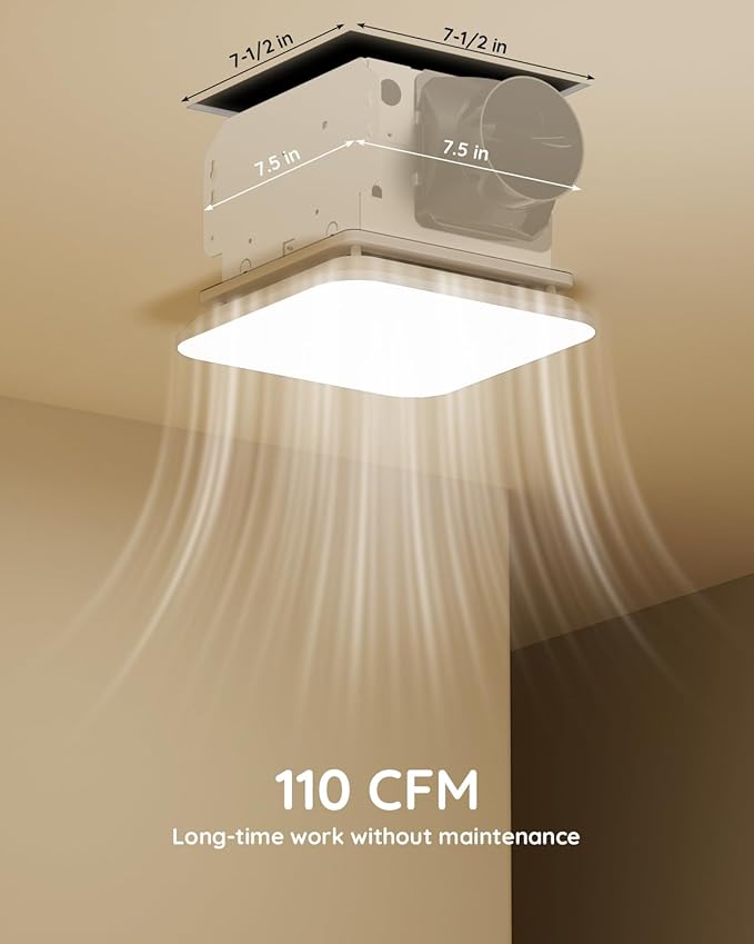 Fitop Bathroom Exhaust Fan with Light, 110 CFM 43W 1200LM Ceiling Mount Shower Ventilation Exhaust with Light, 1.0 Sones Bathroom Vent with Light, Bathroom Fan LED Light 3000K/4000K/5000K - Image 2