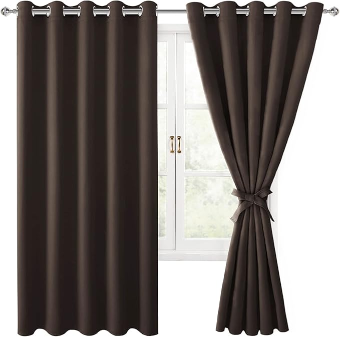 Hiasan Grommet Blackout Curtains for Bedroom, 60 x 72 Inches - Thermal Insulated & Light Blocking Window Drapes for Living Room/Dorm Room, Set of 2 Panels Sewn with Tiebacks, Brown by Hiasan