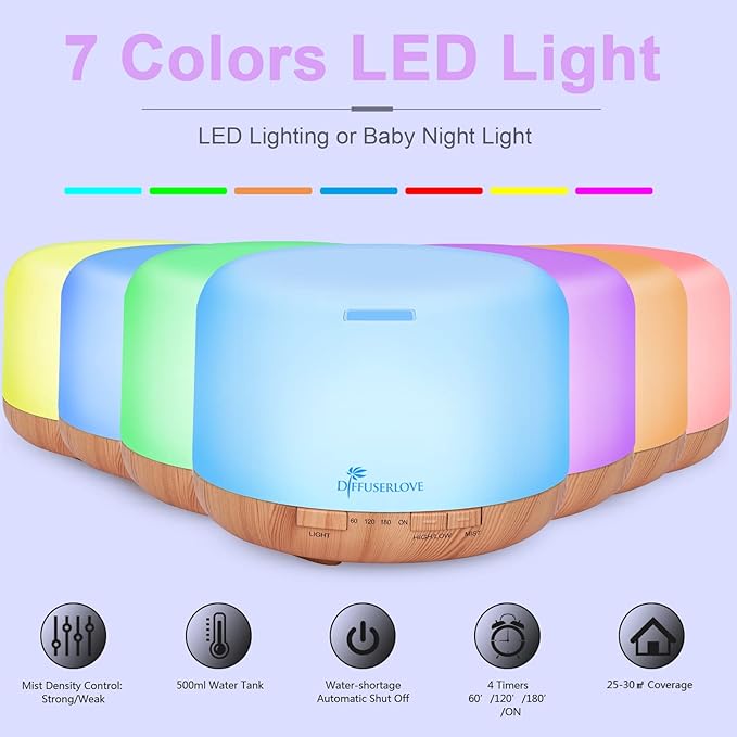 Diffuserlove Diffuser Essential Oil Diffusers 500ML Remote Control Aroma Diffuser Cool Mist Aromatherapy Diffuser with Mute Design, Timer and Auto Shut-Off for Office Living Room Yellow - Image 3