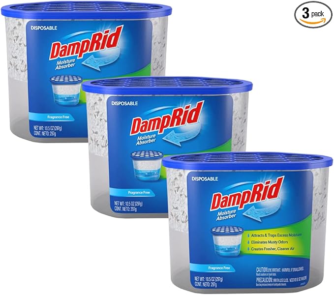 DampRid Fragrance Free Disposable Moisture Absorber - 10.5 oz. Each - 3 Pack – Attracts & Traps Excess Moisture, Eliminates Musty Odors, Creates Fresher, Cleaner Air by DampRid