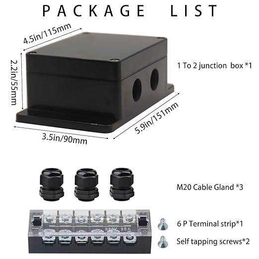 Watertight Junction Box, IP67 Waterproof Electrical Project Box with 6P 25A Barrier Terminals,1 in/2 Out Cable Glands Electronic Enclosure 4.53" x 3.54" x 2.17" - Image 7