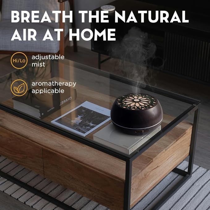 550ml Large Capacity Essential Oil Diffuser with 6 Aromatherapy Oils Set,Ultrasonic Air Humidifier with Timer and 7 Color LED Night Light Waterless Auto-Off Dark Wood Grain - Image 3