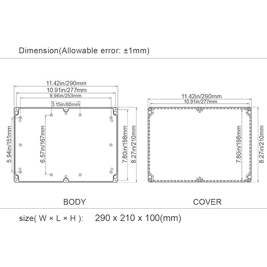 LeMotech Project Box ABS Plastic IP65 Waterproof Dustproof Electrical Junction Box Outdoor Enclosure for Electronics Black 11.41" x 8.26" x 3.93" (290 x 210 x 100mm) - Image 8