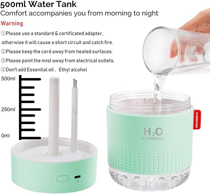 Green Portable Mini Humidifier, 500ml Small Cool Mist USB Desktop Humidifier for Baby Bedroom, Travel, Office, Home - Auto Shut-Off, 2 Mist Modes, Super Quiet - Image 5