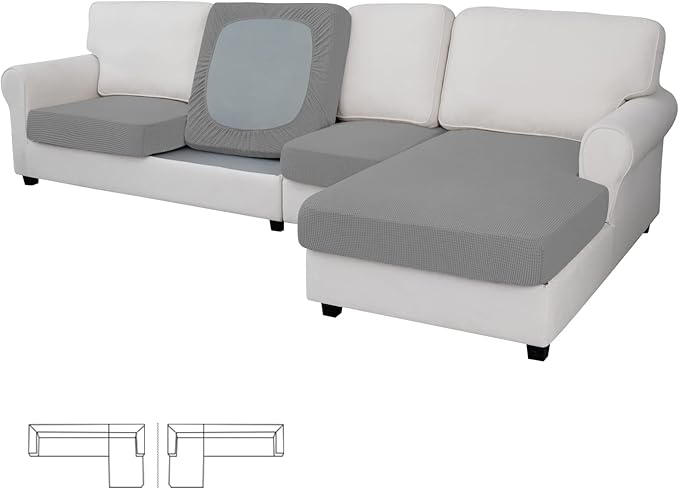 Easy-Going Stretch 4 Pieces Couch Cushion Covers for Sectional Sofa Left/Right L Shape Chaise Lounge Sofa Seat slipcover Anti-Slip Sofa Cover Soft (3 Seater + 1 Chaise, Light Gray) by Easy-Going