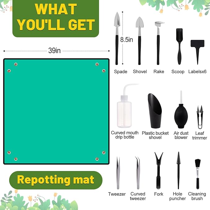 20pcs Small Gardening Tools Gifts for Women Beginners - Garden Hand Tools Set for Indoor Succulent Bonsai Plants Transplanting, Included 39.4" Plant Repotting Mat/Miniature Shovel/Labels, Green - Image 5