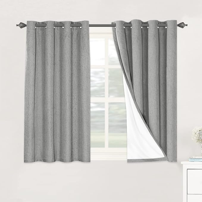 H.VERSAILTEX Linen Blackout Curtains 45 Inches Long 100% Blackout Thermal Insulated Textured Linen Look Curtain Draperies Anti-Rust Grommet, Energy Saving with White Liner, 2 Panels, Dove Gray by HVERSAILTEX