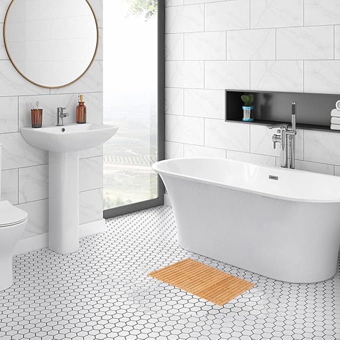 Bath Mat Bathroom Rugs Floor Wood Shower Bathtub Waterproof Non Slip Natural Accessories 16x24 Inch Easy to Clean, 2 pcs - Image 2