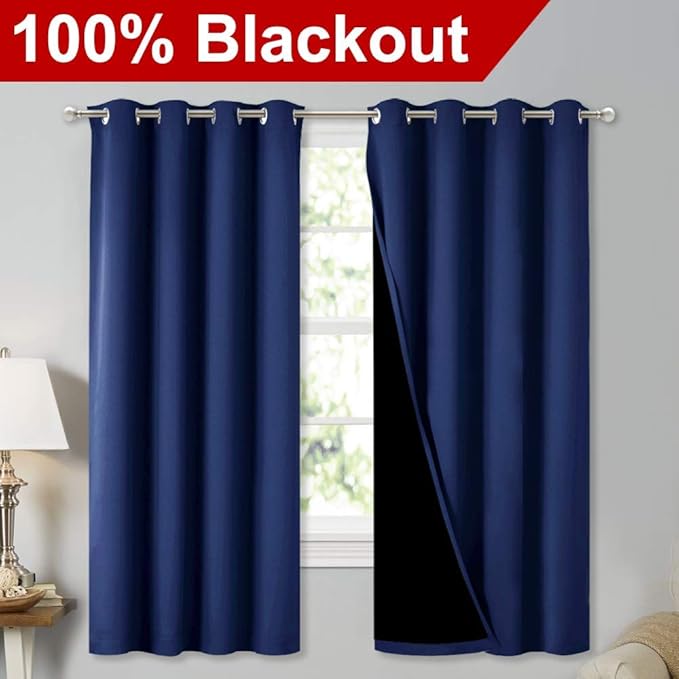 NICETOWN 100% Blackout Curtain Panels, Thermal Insulated Black Liner Curtains for Nursery Room, Noise Reducing and Cold Blocking Drapes for Windows (Royal Blue, Set of 2, 52-inch Wide by 63-inch Long) - Image 2