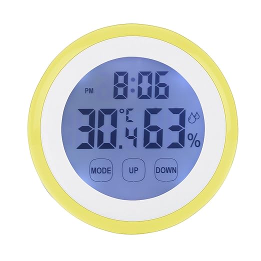 Digital Thermometer Hygrometer Clock, Temperature Humidity Monitor Alarm Clock Touch Screen with Backlight Magnetic Back for Home Office Baby Room (Yellow) by LAEINA