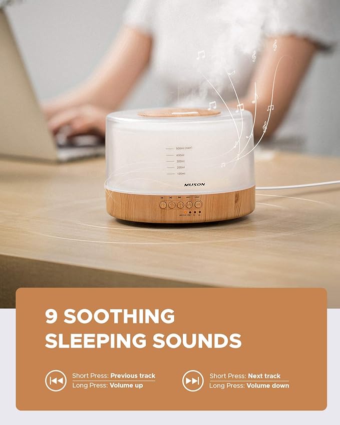 muson Essential Oil Diffuser Sound Machine Combo Diffuser for Aromatherapy Fragrant Oil Cool Mist Humidifier with Natural Sound Music & Warm Night Light, Auto Shutoff, White - Image 5