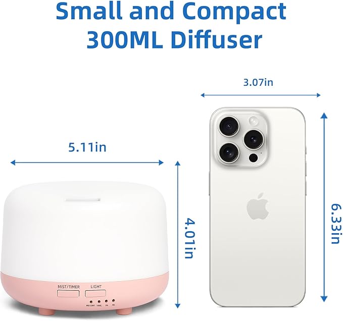 300ML Essential Oil Diffuser, Cool Mist Small Diffuser with Remote Control, 7 Color Changing LED Light, 4 Timer Settings,Waterless Safety Shut Off, for Bedroom, Room, Office(Pink) - Image 2