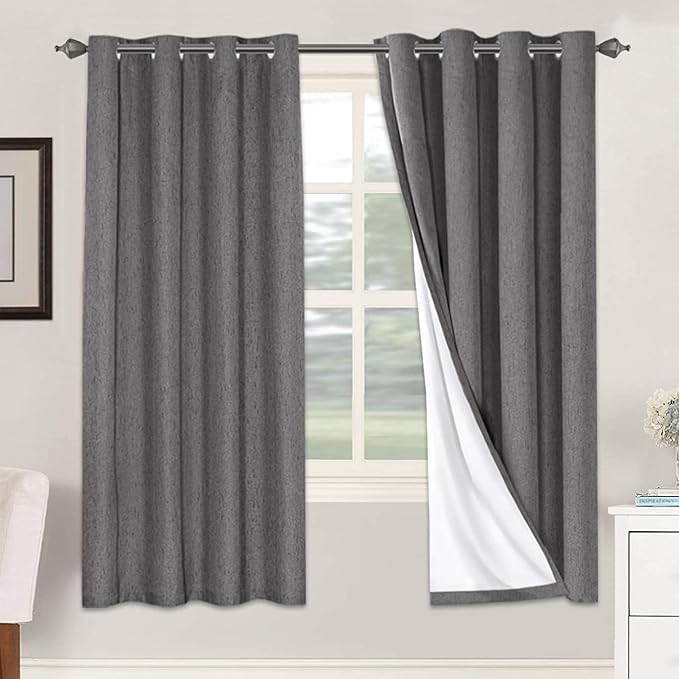 H.VERSAILTEX Linen Blackout Curtains 72 Inches Long 100% Absolutely Blackout Thermal Insulated Textured Linen Look Curtain Draperies Anti-Rust Grommet, Energy Saving with White Liner, 2 Panels, Grey by HVERSAILTEX