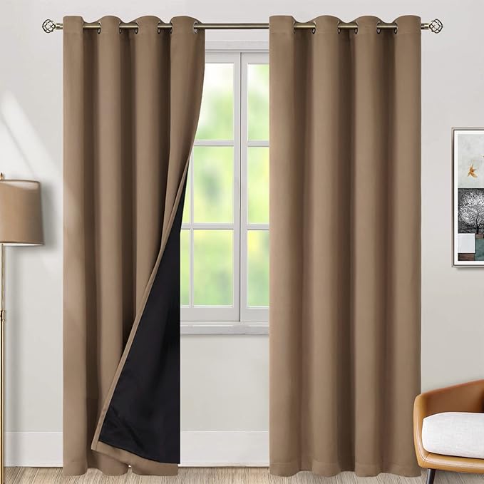 BGment Thermal Insulated 100% Blackout Curtains for Bedroom with Black Liner, Double Layer Full Room Darkening Noise Reducing Grommet Curtain (52 x 90 Inch, Taupe, 2 Panels) by BGment