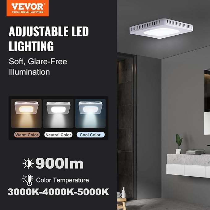 VEVOR Bathroom Exhaust Fan, 110 CFM High-Efficiency Ventilation, Remote Control, 1.5sones Low Noise Bathroom Ceiling Fan with LED Light 3000/4000/5000K, Energy-Saving, Timer - Image 4