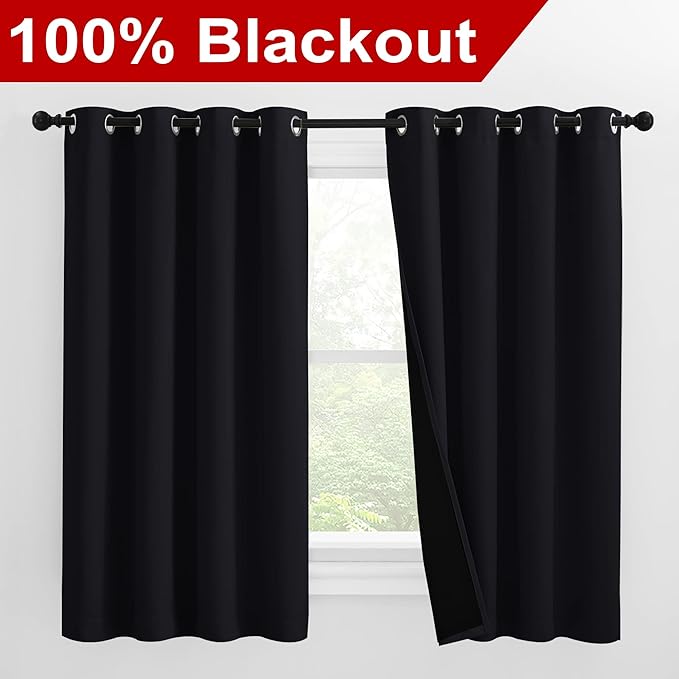 NICETOWN Truly Blackout Curtains 57 inches Length, 2 Thick Layers Completely Blackout Window Treatment Thermal Insulated Lined Drapes for Basement Window (Black, 1 Pair, 55 inches Width Each Panel) - Image 2