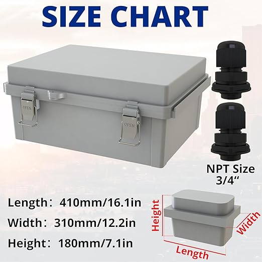 MAKERELE Large Junction Box Waterproof IP67 Plastic Outdoor Electrical Box and 3/4" NPT*2 Enclosure with Mounting Plate Suitable for Various Projects(16.1"*12.2"*7.1") - Image 2