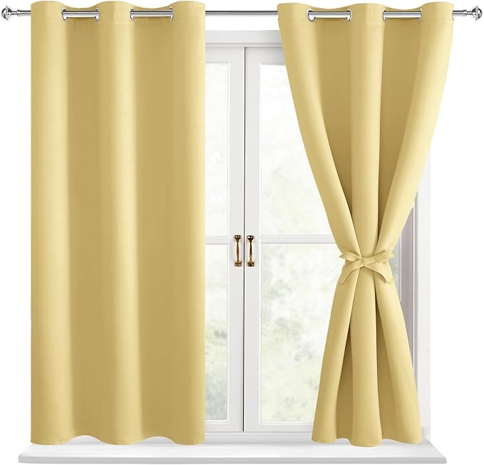 Hiasan Short Blackout Curtains for Bedroom - Thermal Insulated & Energy Saving Window Curtains for Living Room, 2 Drape Panels Sewn with Tiebacks, Light Yellow, 38 x 45 Inch by Hiasan