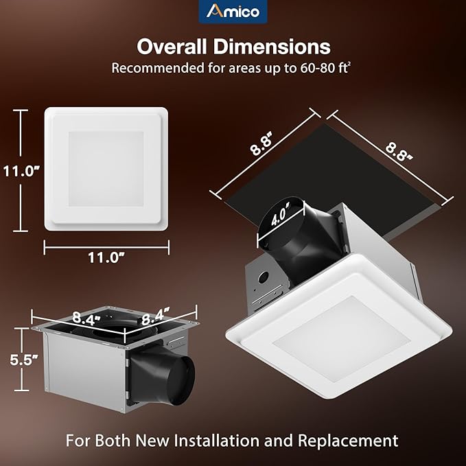 Amico Bathroom Exhaust Fan with Light, 80 CFM, 0.9 Sones, 1000LM, 5CCT, Easy Install, Ceiling Mount Shower Bathroom Fan, Adjustable Exhaust Vent with light, ETL & FCC Certified - Image 2
