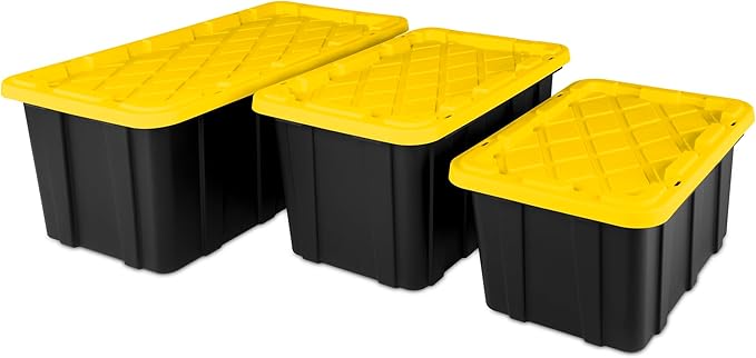 Sterilite 17 Gal Industrial Tote, Stackable Storage Bin with Snap-Fit Lid for Garage, Basement & Attic Storage, Black Base and Yellow Lily Lid, 6-Pack - Image 10