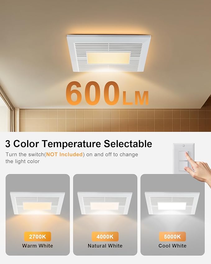 GROWNEER Bathroom Exhaust Fan with Light, 110 CFM 1.0 Sone Exhaust Fan No Attic Access Needed, Ceiling or Wall Mount, 7.68 x 9.25 inch, 35W Bathroom Fan with LED Light 3CCT Adjustable 600LM, White - Image 2