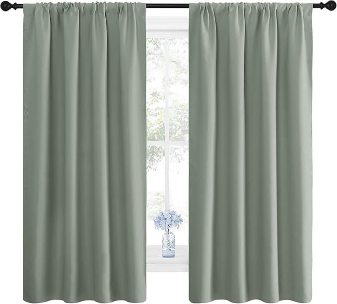 NICETOWN Window Curtains Blackout Drapes - Thermal Insulated Solid Rod Pocket Blackout Curtains/Draperies for Living Room (Greyish Green, One Pair, 42 by 63-Inch) - Image 2