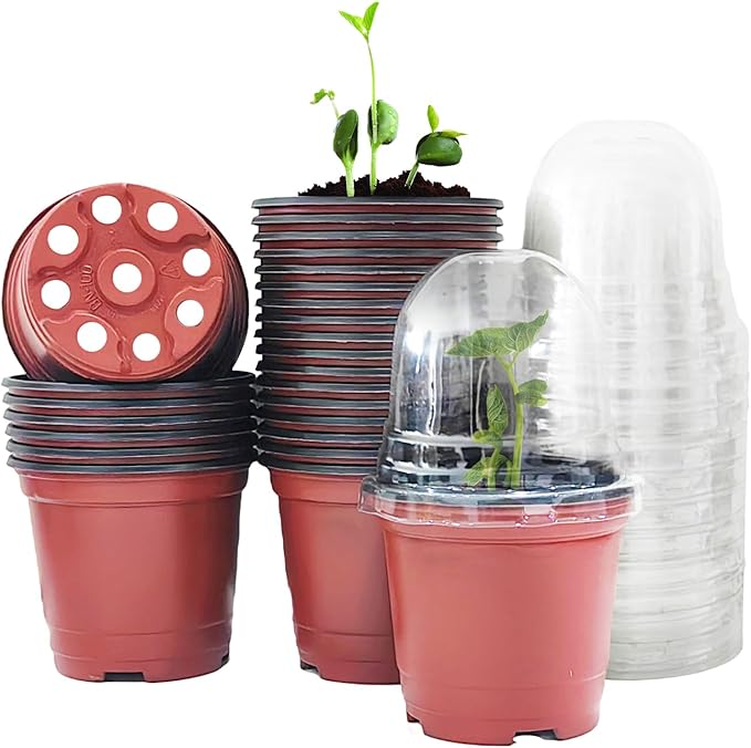 Plant Nursery Pots with Humidity Domes, 25 Sets 4 Inch Soft Nursery Pots Quality Ones (25 Red Pots + 25 Clear Lids), Seeds Starter Pots Small Planter Containers by RooTrimmer