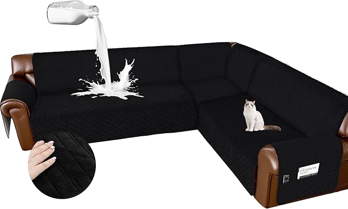 Arfntevss Waterproof Sectional Couch Covers L Shape Washable Velvet Sofa Cover for Sectional Non Slip Large Corner Slipcovers Dog 6 Pcs Universal U Shaped Furniture Protector (Black, X-Large) by Arfntevss