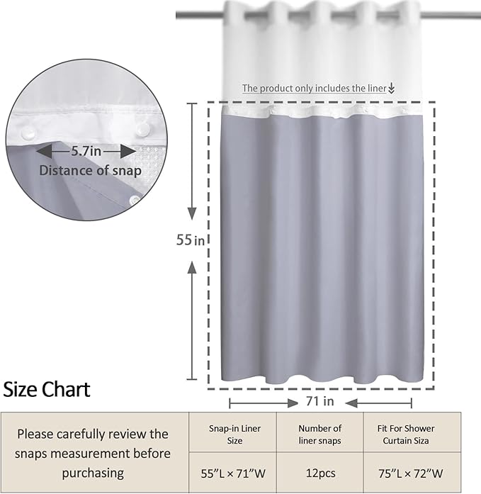 Replacement Snap-in Fabric Liner 71" W x 55" L, for 72" W x 75" L No Hook Shower Curtain - Grey - Image 6