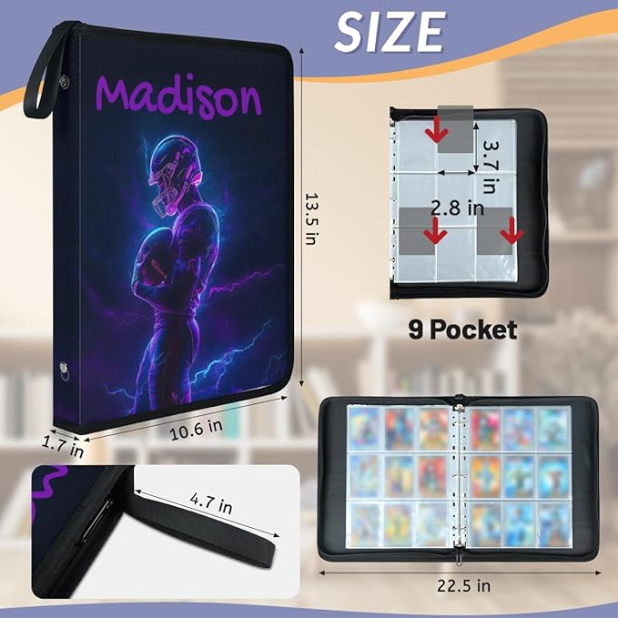 Custom Name 9 Pockets Football Card Binder, Personalized Rugby Collector Album Sports Cards Binder with 50 Sleeves for TCG, MTG - Image 3