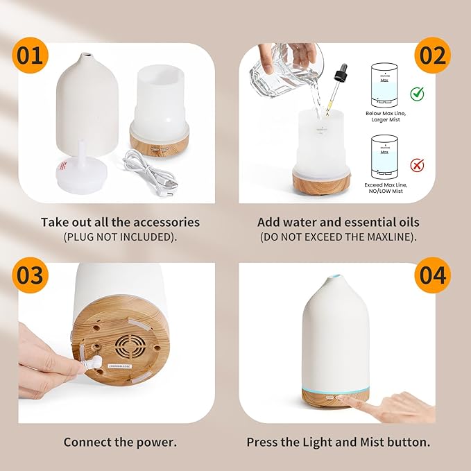 URPOWER 120ML Ceramic Essential Oil Diffuser Ultrasonic Aromatherapy Diffuser with Wood Grain Base, 7-Color LED Lights Auto Shut-Off, Humidifier for Home & Office, Air Diffuser for Relaxation - Image 7