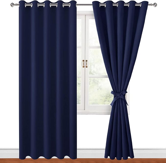 Hiasan Blackout Curtains for Bedroom, 60 x 84 Inches Long - Thermal Insulated & Light Blocking Window Curtains for Living Room, 2 Drape Panels Sewn with Tiebacks, Navy Blue by Hiasan