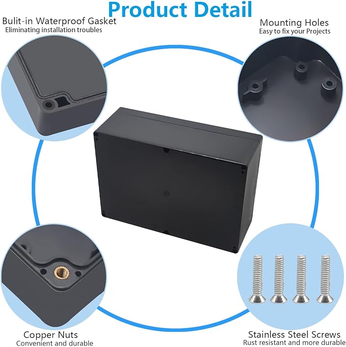 Outdoor Waterproof Junction Box IP67 Project Box ABS Black Electrical Boxes Electronic Enclsoure for DIY Project 10.4 x 7.2 x 3.7 inch (263x182x95mm) - Image 6