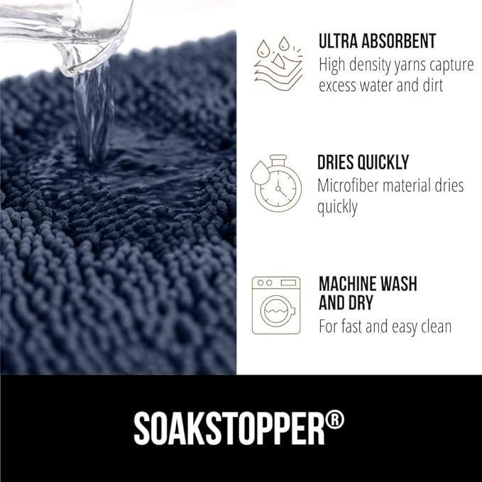 GORILLA GRIP SOAKSTOPPER Dog Door Mat, 48x30 Machine Washable Rug Absorbent Doormat Captures Moisture Mud Dirt, Quick Dry Soft Chenille Entryway Rugs Indoor Entrance Mats for Dog Paws, Navy Blue - Image 4