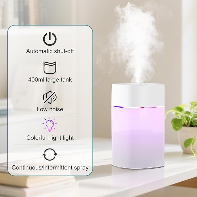 Small Humidifier for Plant, Cool Mist Mini Humidifiers for Bedroom, Desk Personal Humidifiers for Indoor Office Car, Portable Humidifier for Travel -White 400ml - Image 2