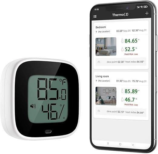 Wireless Thermometer Hygrometer for iPhone/Android, Smart Bluetooth Humidity Temperature Sensor with Alarm and Data Storage for Green House Guitar Camera Storage Humidor Incubator Monitor by 9H