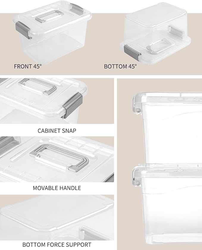 Plastic Storage Bins 7 Quart-Storage Organizer Bins with Grey Buckle Lids, Stackable Storage Bins with Lids for Home Office Kids Room Closet School Art Supplies Organization,6 Packs, Clear - Image 3