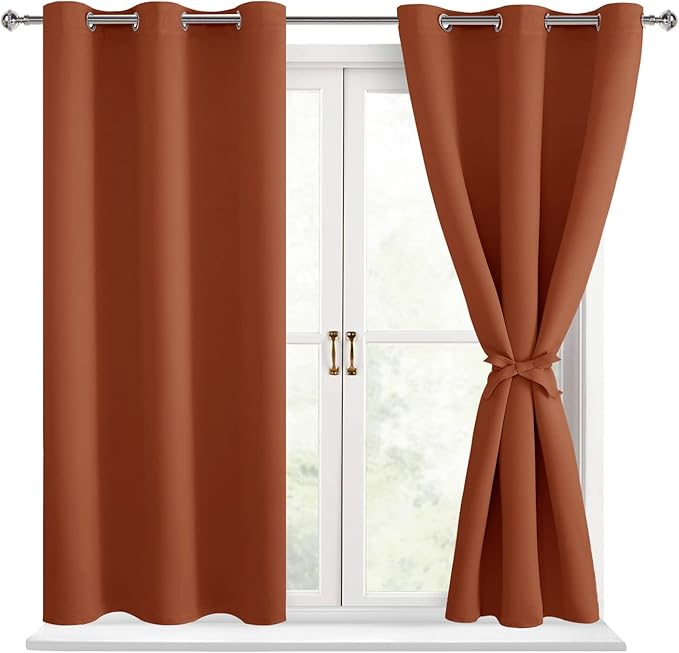 Hiasan Short Blackout Curtains for Bedroom - Thermal Insulated & Energy Saving Window Curtains for Living Room, 2 Drape Panels Sewn with Tiebacks for Fall Home Decor, Burnt Ochre, 38 x 45 Inch by Hiasan